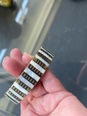 Black, White & Brown Inlay Brass Bangle Bracelet from India